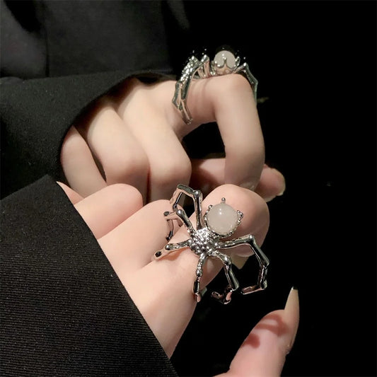 Rockstario Punk Dark Spider Open Ring Moonstone Black Ring For Women New Gothic Jewelry